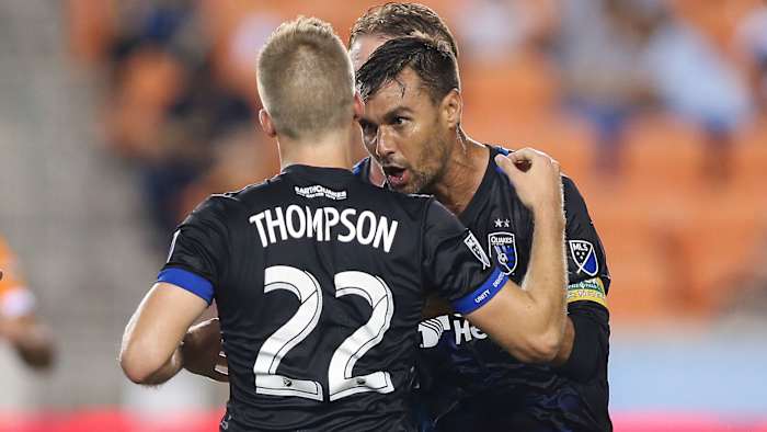 San Jose Earthquakes' Tommy Thompson and Chris Wondolowski